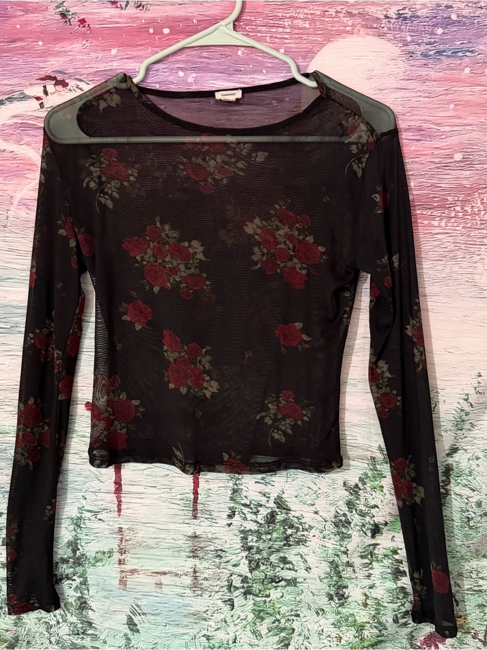 Sheer Black Long-Sleeve Floral Mesh Top - Unbranded
